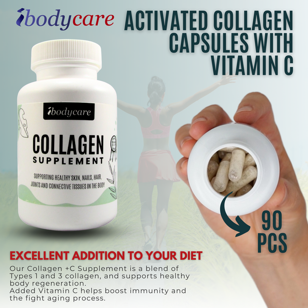 ibodycare Collagen Supplement – 90-Count Activated Collagen Capsules with Vitamin C