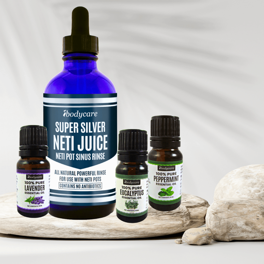 Medical Supplies - Sinus Relief Set With Guide, Colloidal Silver Neti Juice + Essential Oils