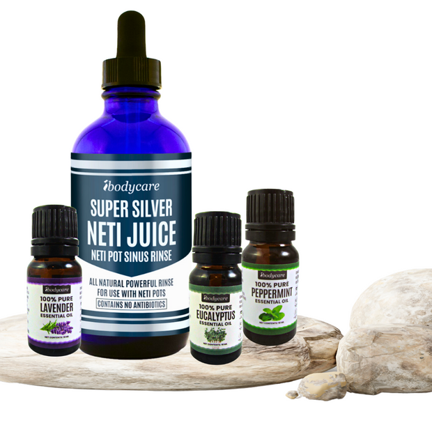 Sinus Relief Set with Guide, Colloidal Silver Neti Juice + Essential Oils