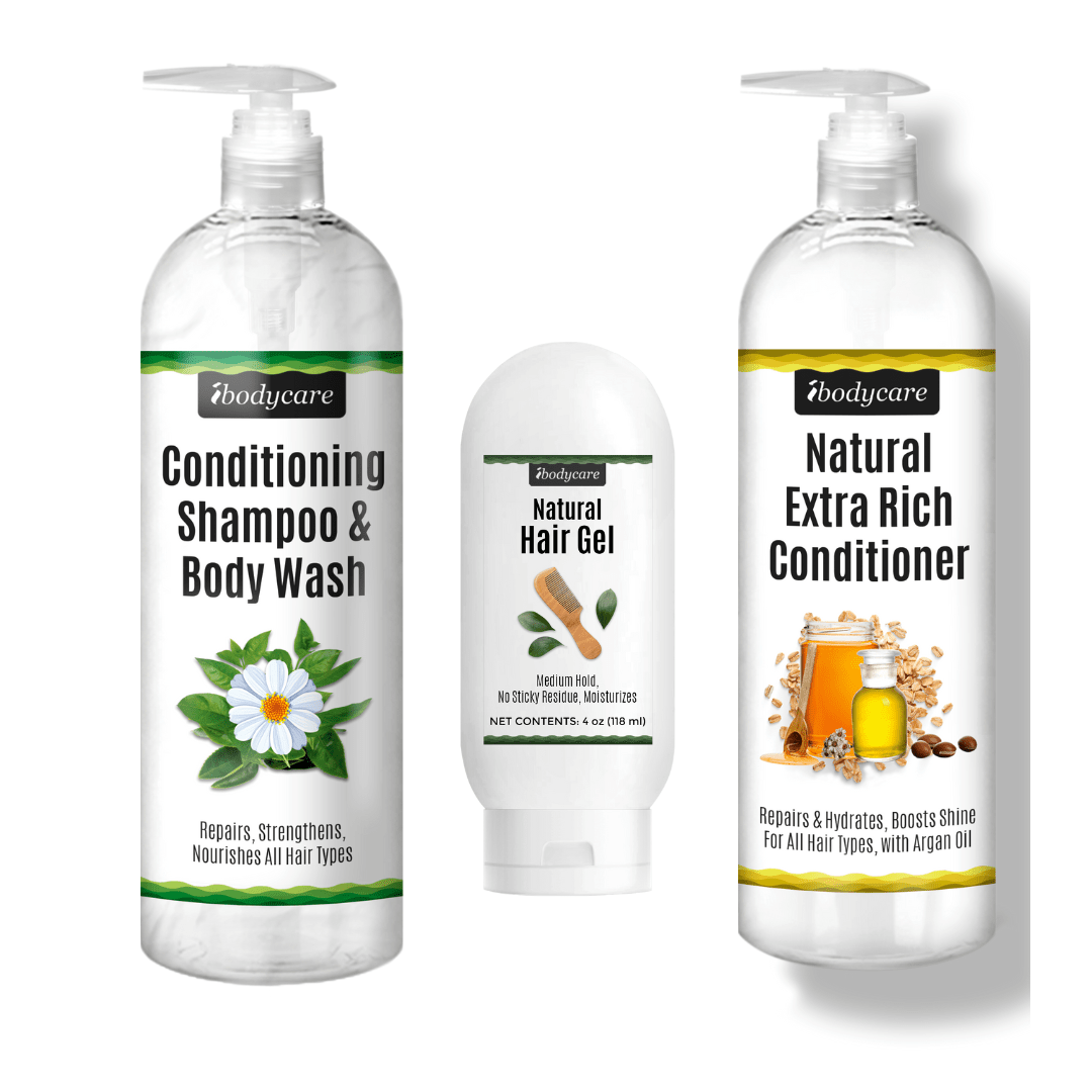Conditioning Shampoo, Body Wash, and Extra Rich Conditioner Set for All Hair Types - ibodycare - ibodycare - Shampoo & BodyWash + Conditioner + Styling Gel