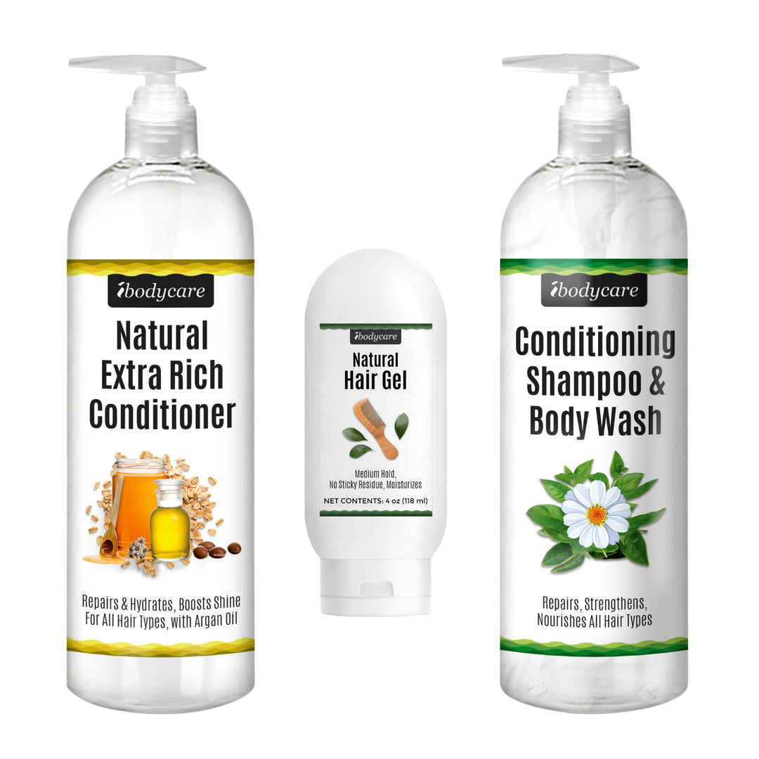 Shampoo, Conditioner & Hair Gel Set, All Natural, Hydrating Shine