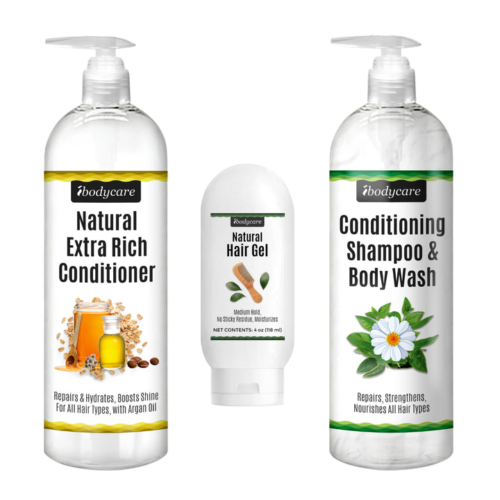 Shampoo, Conditioner & Hair Gel Set, All Natural, Hydrating Shine