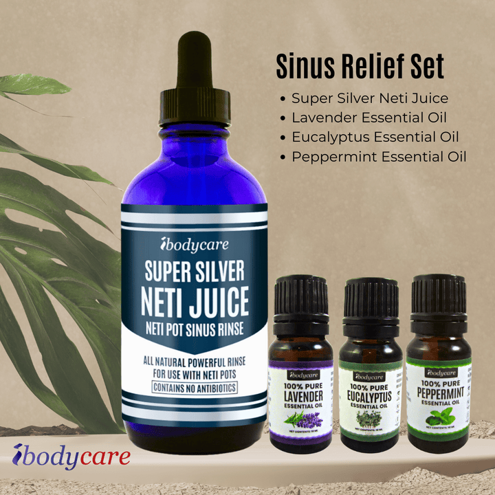 Medical Supplies - Sinus Relief Set With Guide, Colloidal Silver Neti Juice + Essential Oils