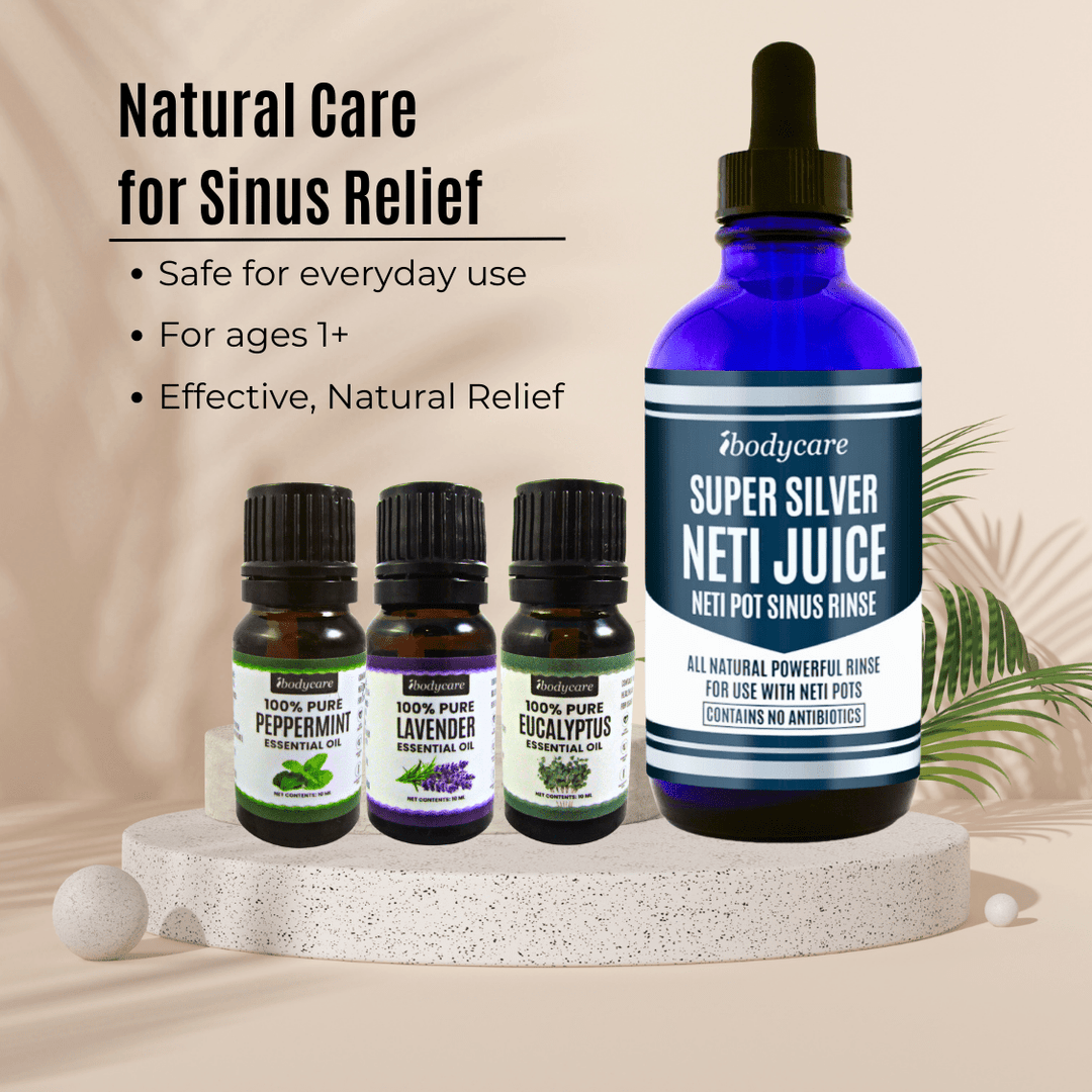 Medical Supplies - Sinus Relief Set With Guide, Colloidal Silver Neti Juice + Essential Oils