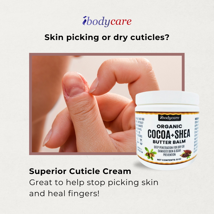 cocoa + shea butter body balm for cuticles, nails and skin picking