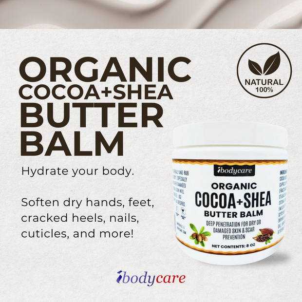 cocoa + shea butter balm organic dry skin, feet, hands, heels, cuticles