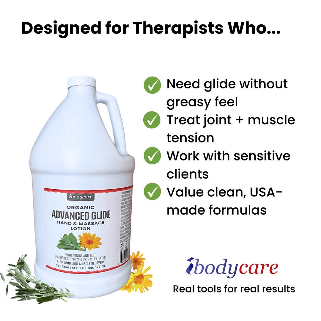 ibodycare Advanced Glide organic massage lotion gallon bulk size for massage therapists