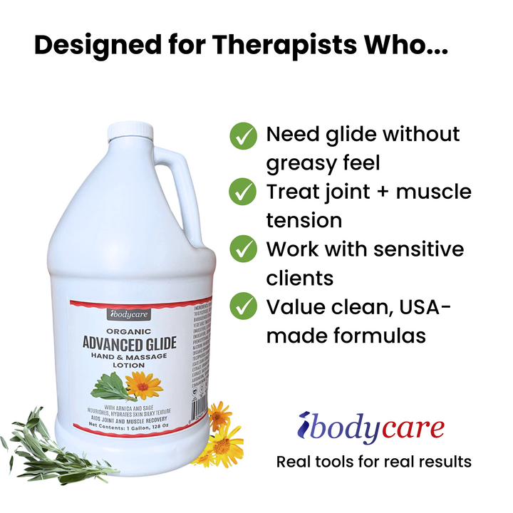 ibodycare Advanced Glide organic massage lotion gallon bulk size for massage therapists
