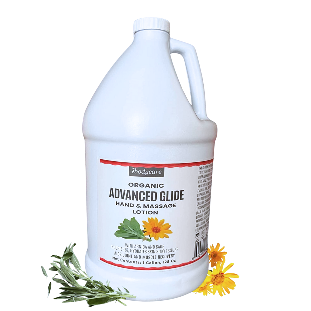 ibodycare Advanced Glide organic massage lotion with arnica and sage gallon paraben free hormone free