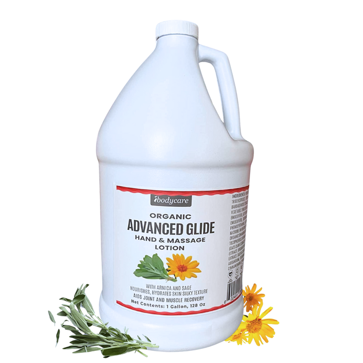 ibodycare Advanced Glide organic massage lotion with arnica and sage gallon paraben free hormone free