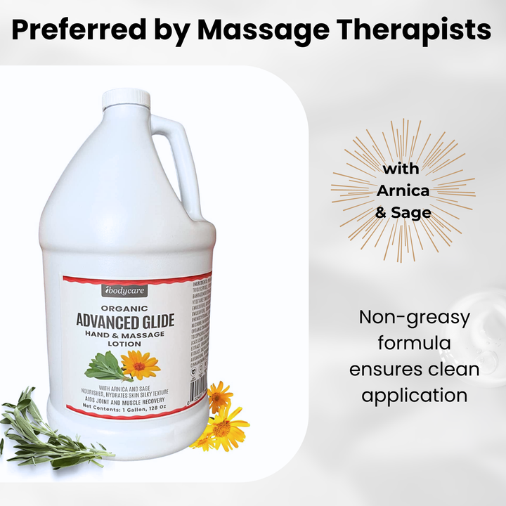 Advanced Glide organic hand and massage lotion arnica sage gallon natural formula ibodycare