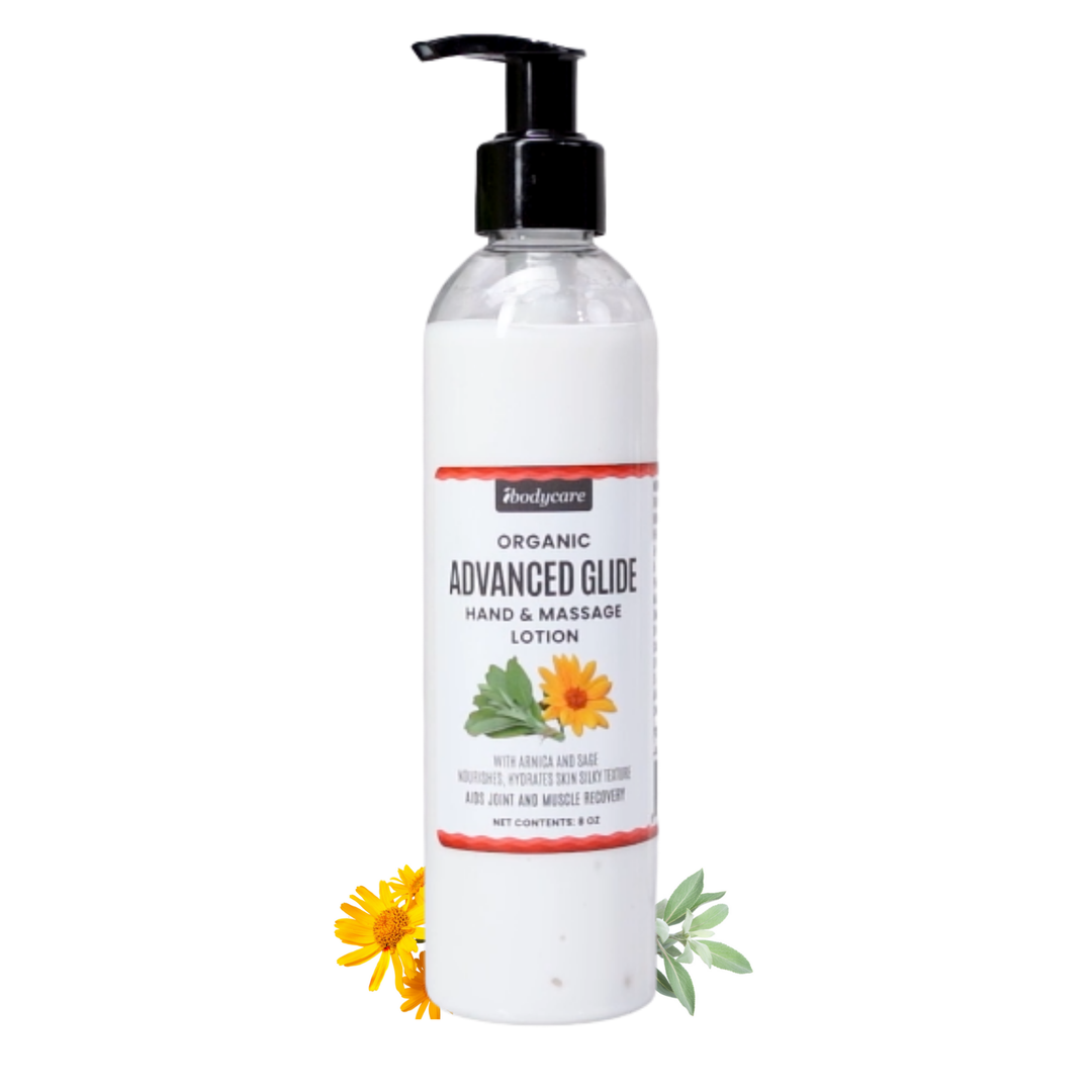 ibodycare Advanced Glide organic massage lotion with arnica and sage paraben free hormone free