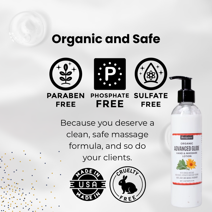Advanced Glide organic massage lotion for massage therapists hormone free ibodycare
