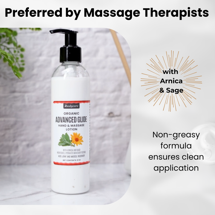 Advanced Glide organic massage lotion for massage therapists hormone free ibodycare